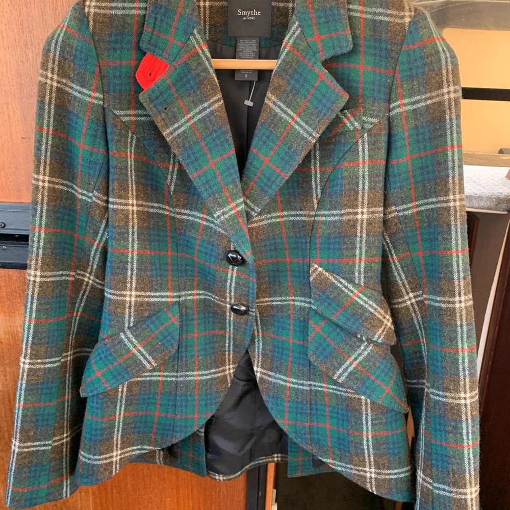 Smythe fitted blazer green plaid red accents 6